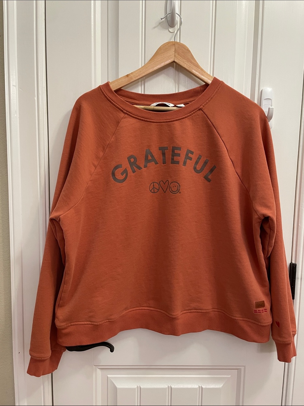 Peace Love World 'Grateful' Crewneck Sweatshirt - Rust Orange